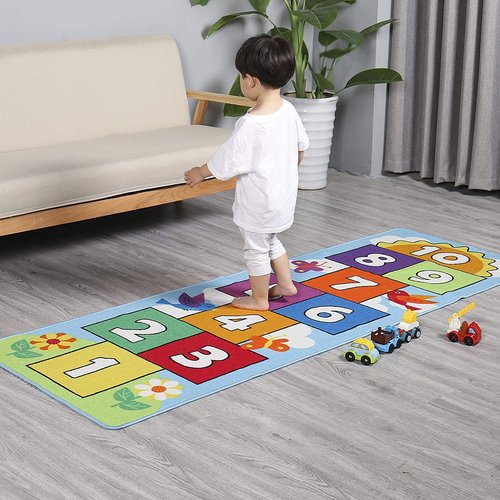 Hop & Count Hopscotch Rug for Kids, Floor Play Area Rug Game Carpet Crawl Jump Mat, Skid-Proof Backing, Great Gift for Boys Girls, Room Decor, Classic Hopscotch Rug for Preschool Playroom