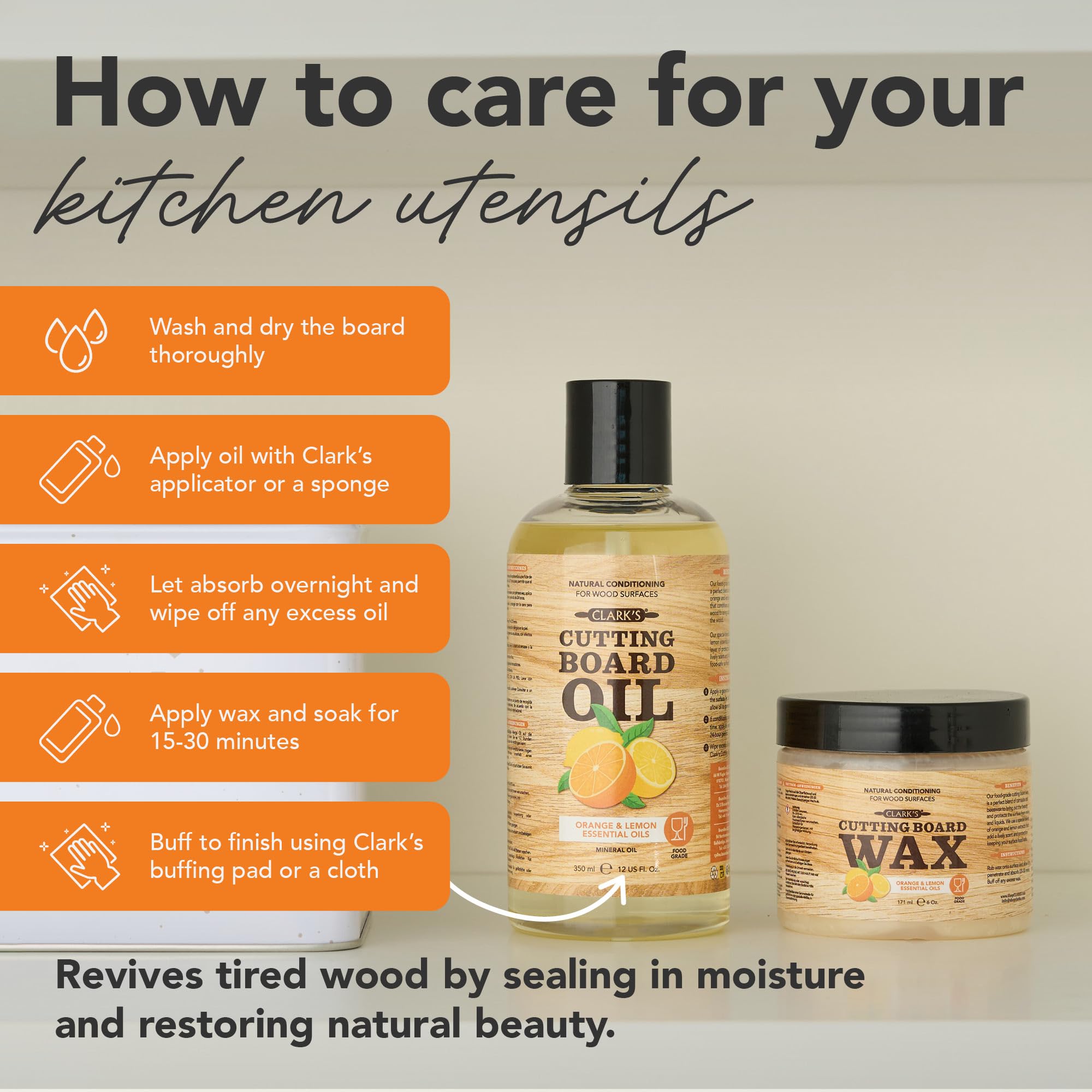 CLARK'S Food Grade Mineral Oil (12oz) and Carnauba Wax (6oz) Set - 100% Natural Butcher Block Oil and Cutting Board Wax - Food Safe Beeswax and Wood Cutting Board Oil with Orange & Lemon Extract