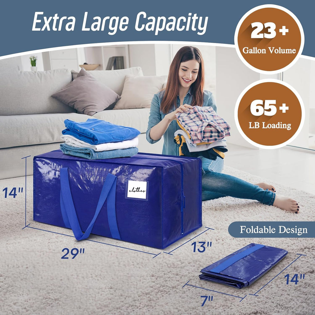 Skiennix 6 Pack Extra Heavy Duty Moving Bags - Strong Zipper & Comfortable Handles | Durable Blue Storage Totes