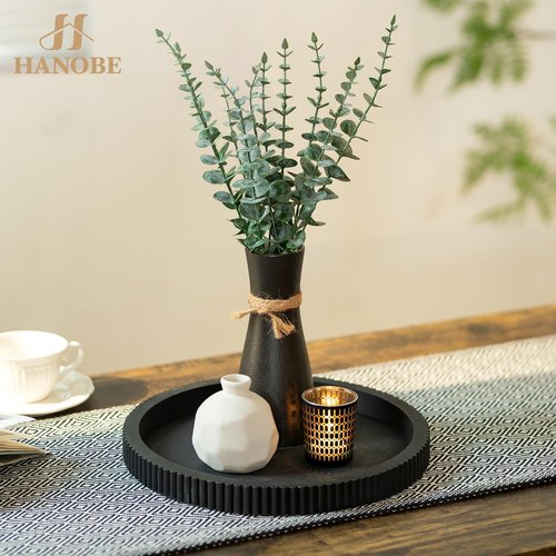 Hanobe Decorative Tray for Coffee Table: 12" Black Round Centerpiece Tray for Home Decor - Wood Modern Farmhouse Decor for Living Dining Room Kitchen Island Tabletop
