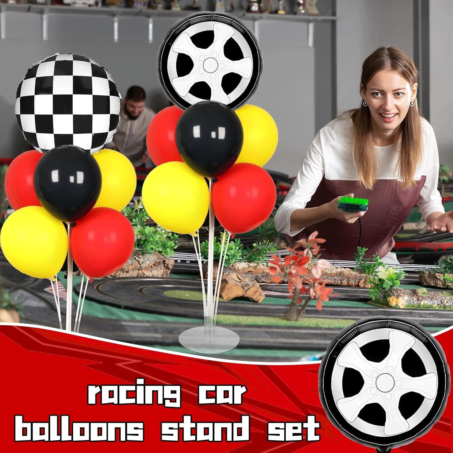 Race Car Party Balloons Kit - 2 Sets with Checkered Foil Balloons | Red, Black & Yellow Birthday Decor for Boys