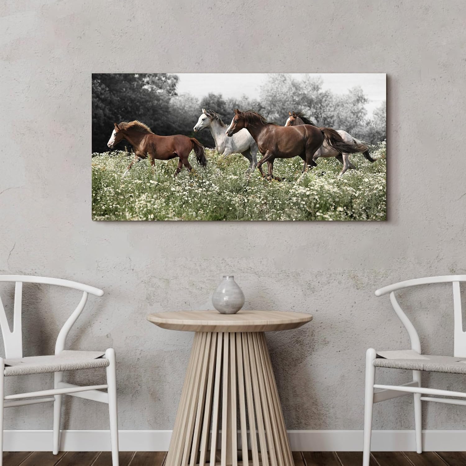 Color Play Horse Canvas Wall Art - Rustic Brown and White Horses Running on Grass | 40 x 20 Inch Decor