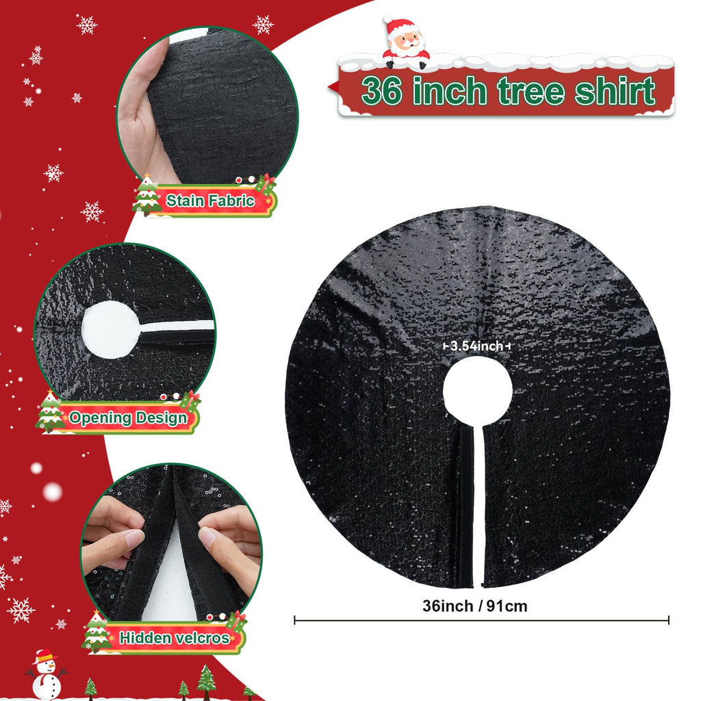Poise3EHome Black Christmas Tree Skirt, 36 Inch Sparkle Sequin Mat for 6ft Tree Halloween Xmas Party Decor