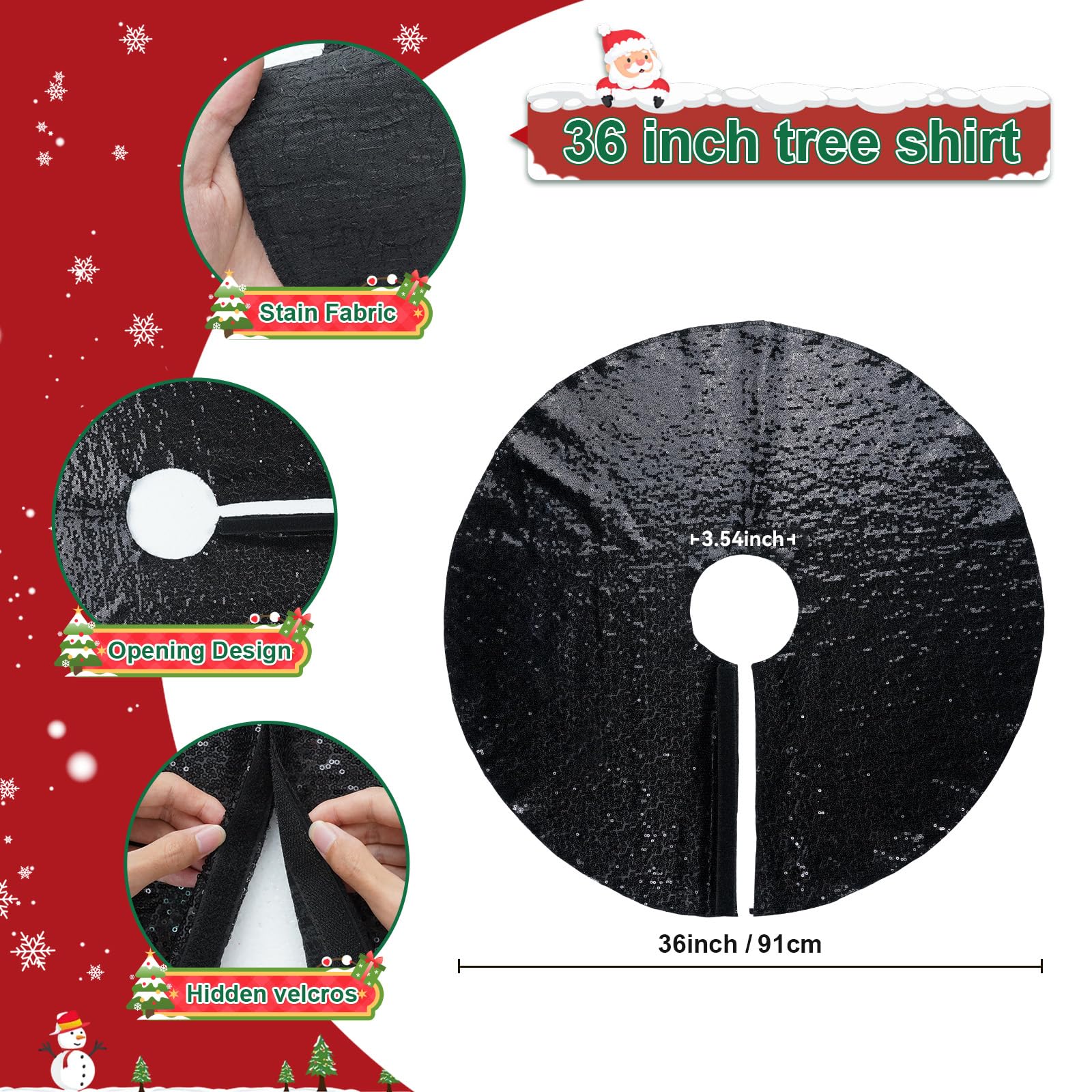 Poise3EHome Black Christmas Tree Skirt, 36 Inch Sparkle Sequin Mat for 6ft Tree Halloween Xmas Party Decor