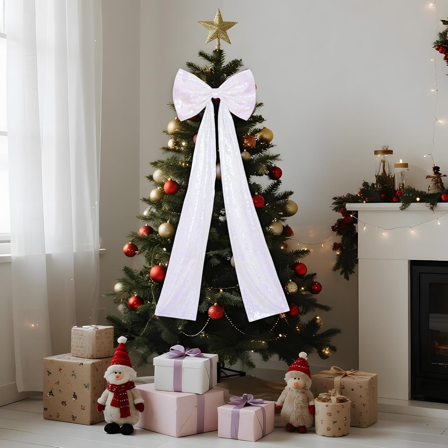 PartyDelight Large Bow Decorations - Big White Iridescent Sequin Ribbon Tie | 16x47 Inches for Christmas & Birthday Decor