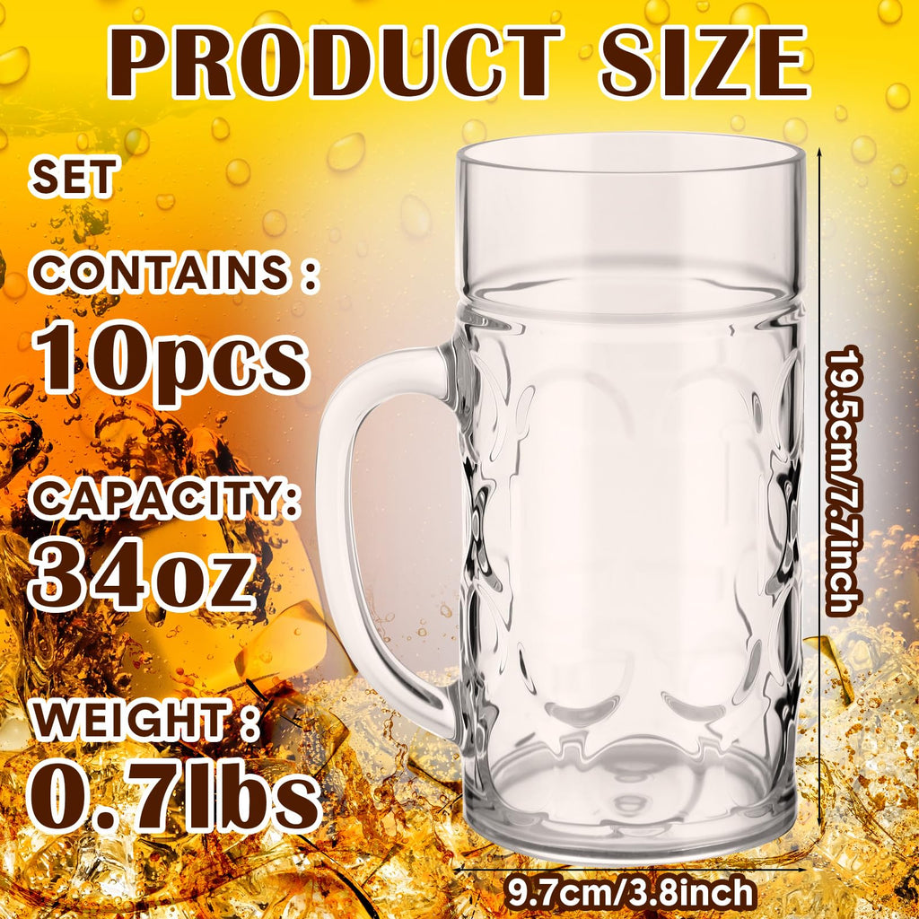 Suclain 10 Pcs Clear Plastic Beer Mugs with Handles,34 oz Large Dimpled Reusable Cups Classic Plastic Coffee Mugs for Beer, Whiskey, Juice, Coffee, Tea & Cocktail