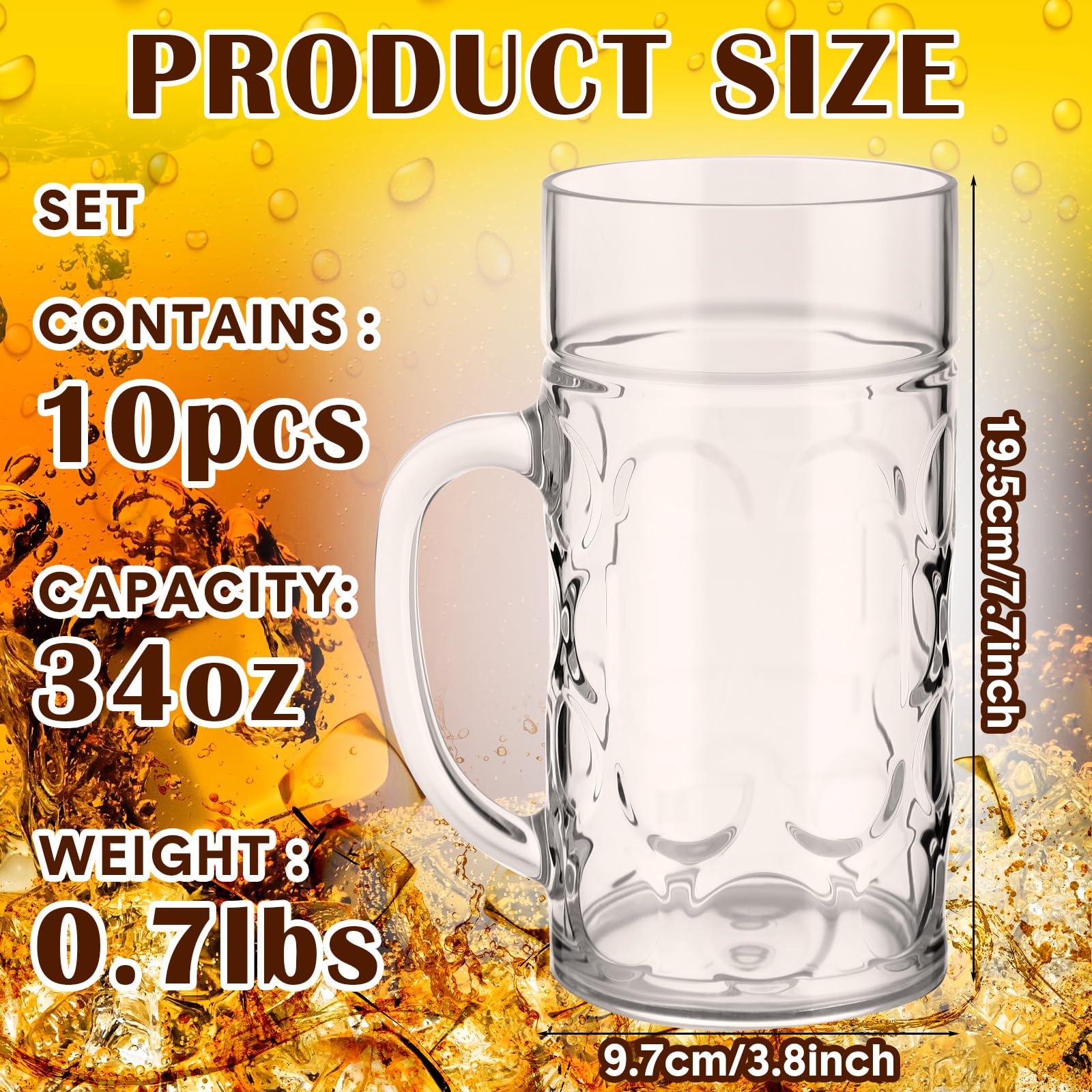 Suclain 10 Pcs Clear Plastic Beer Mugs with Handles,34 oz Large Dimpled Reusable Cups Classic Plastic Coffee Mugs for Beer, Whiskey, Juice, Coffee, Tea & Cocktail