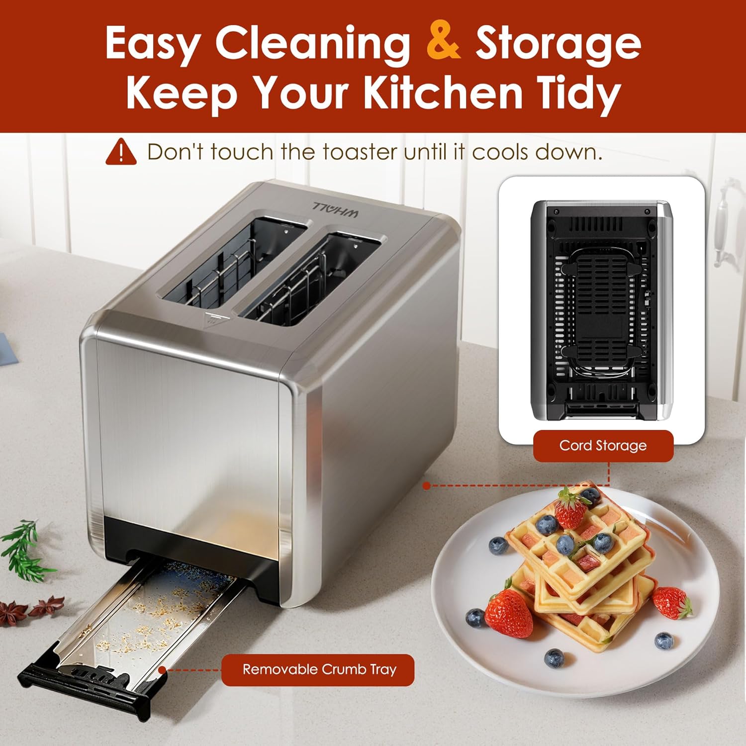 WHALL Touch Screen Toaster - 2 Slice Smart Toaster with Digital Timer & 6 Shade Settings | Stainless Steel, Silver