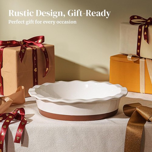 DOWAN 9-Inch Deep Pie Pan - Non-Stick Ceramic Baking Dish with Ruffled Edge | Alabaster White, 56 OZ