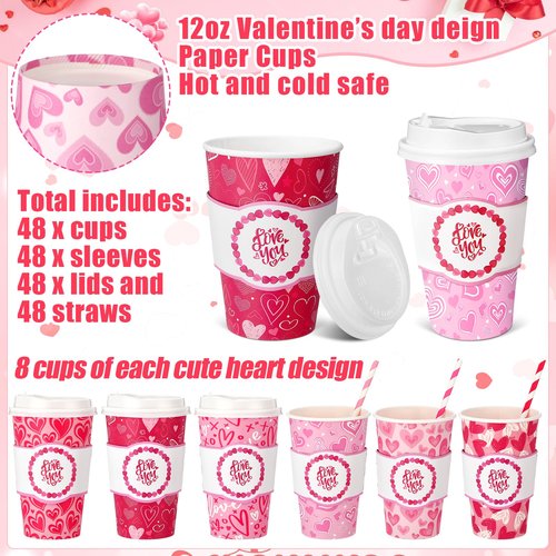 Jingmore 48 Sets 16oz Disposable Paper Coffee Cups with Lids Sleeves Straws Holiday Paper Drinking Cups Bulk for Hot Cold Beverages Home Business Cafe Birthday Party Supplies (Hearts)