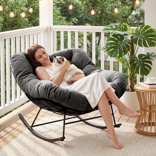 JEAREY Outdoor Papasan Rocking Chair - Oversized Comfy Egg Chair for Patio & Garden | Navy Blue