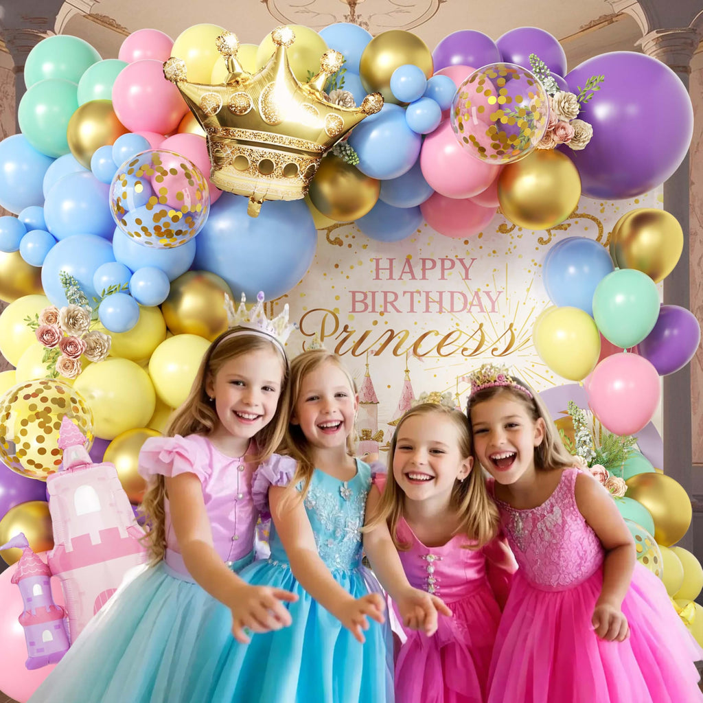 102pcs Princess Balloon Garland Arch Kit with Giant Pink Castle & Gold Crown Foil Balloons, 18/12/10/5 Inch Macaron Pastel Rainbow Latex for Girls Birthday, Fairytale Baby Shower