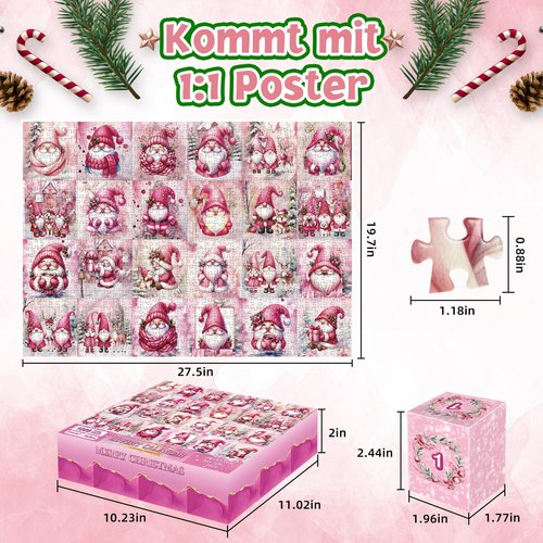 Advent Calendar Puzzle 2025: 1008 Pcs Pink Tomte gnomes Puzzle to Enhance Observation Skills and Boost IQ, 24-Day Christmas Countdown for Kids and Adults