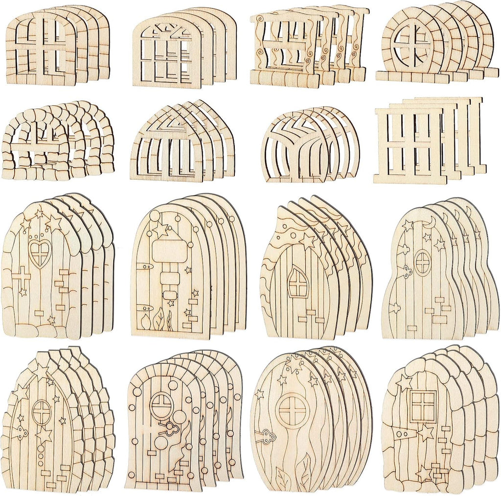Skiennix Fairy Door Mini Wooden Garden Doors - 64 Pcs Unfinished DIY Craft Kit for Home Decor