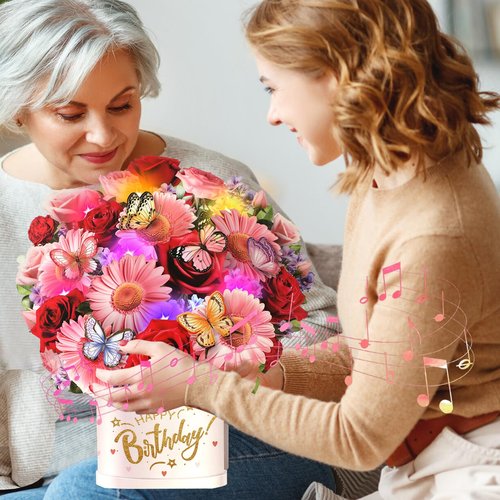 Ecloverlife Birthday Cards with Music & Lights, Pop Up Happy Birthday Cards, 10 Inch Size Daisies & Butterflies Flower Bouquet, Birthday Cards for Girls, Women, Wife, Mom, Sisters