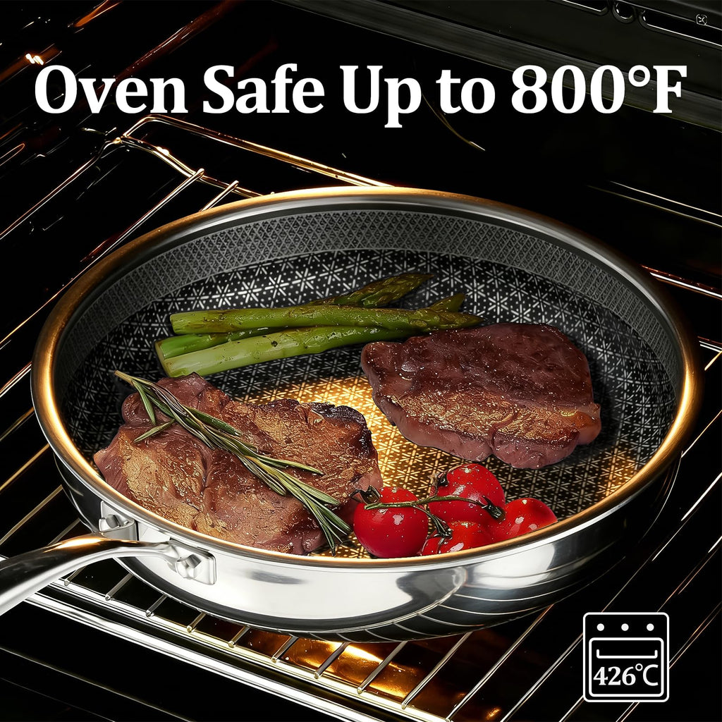 KURRUNGIE Hybrid Non Stick Frying Pans 2 Piece set, Stainless Steel Frying Pans with Tempered Glass Lid, 10" 12" 5 Ply Induction Cookware, Oven-Safe Up to 800°F, Compatible with All Cooktops