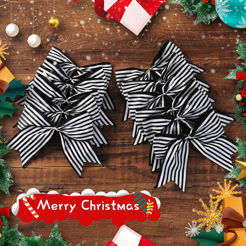 Black & White Christmas Tree Bow Decor 12 Pcs - Large Striped Ribbon Ornaments