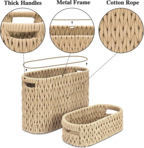 Boho Bathroom Organizer | Cotton Rope Toilet Paper Storage Baskets - Set of 2 for 6 Mega Rolls (Brown)