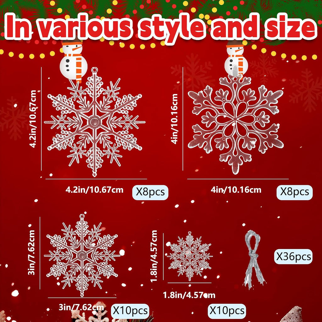 Skiennix Snowflake Ornaments - 36Pcs Clear Plastic Hanging Decorations for Winter Wonderland Decor