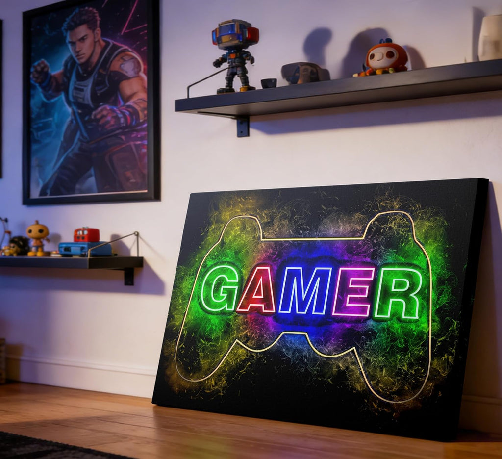 Skiennix Cool Gaming Canvas Wall Art - Colorful Neon Gamepad Poster for Teen Boys Room | 12 x 16 Inch