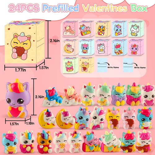 Ksmky Valentines Gifts for Kids Classroom, 24 Pack Prefilled Valentines Box with Cute Squishy Toys, Valentines Party Favors, Class Valentines for Kids Boys Girls, Classroom School Valentines Gifts