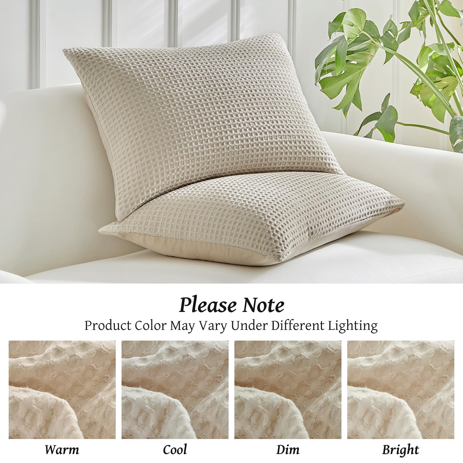 WARMDERN Waffle Weave Pillowcases Standard Size 2 Pack Pillow Cases Soft Microfiber Pillow Case Covers Set of 2 Boho Woven Textured Pillowcase with Envelope Closure(Khaki, Standard, 20x26 Inches)