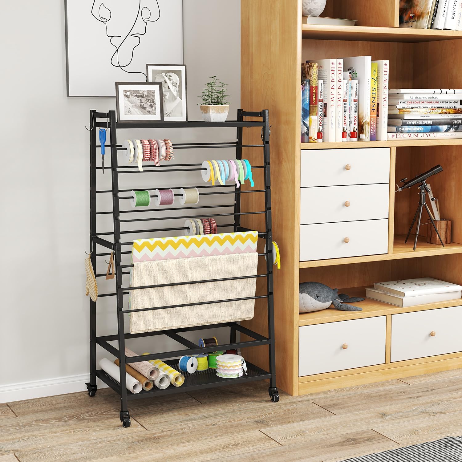 Skiennix Ribbon Organizer - Double-Sided Rolling Rack for Large Capacity Gift Wrap Storage