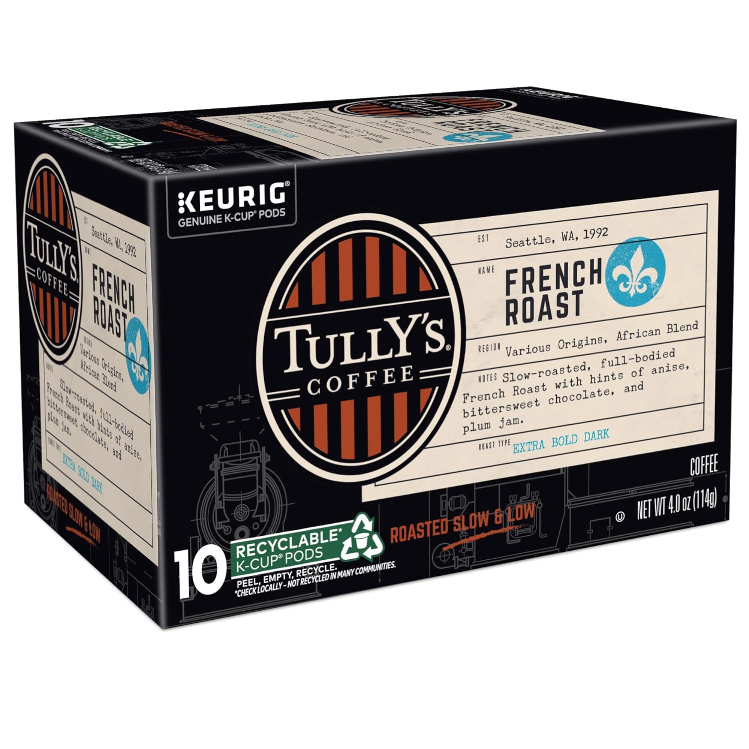 Tully's Coffee French Roast K-Cup Pods - Dark Roast Single Serve Coffee, 60 Count (6 Packs of 10)