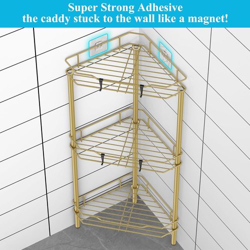 HuggieGems Corner Shower Caddy Organizer - 3 Tier Floor Stand with Hooks | Elegant Gold Finish