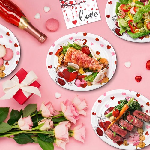 FATLBSEV 50Pcs Valentines Day Oval Paper Plates and Napkins Sets -10" x 12" Large Disposable Party Plates and 6.5'' Napkins for Valentines Day Supplies