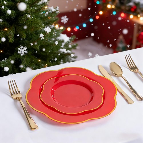 Liacere 100PCS Red Plastic Plates - 50 Guests Red and Gold Disposable plastic plates Heavy Duty - 50 Dinner (10.25") 50 Dessert (7.5") Plate - BPA-Free Food - Safe for Party & Valentine's Day