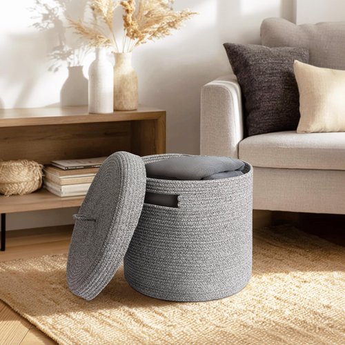 WILLITAT Storage Basket with Lid, Woven Blanket Storage for Living Room, Soft Cotton Rope Bin with Lid, Round Wicker Laundry Basket with Cover, Lidded Kid Dog Toy Box, Nursery Organizer, 15"x13", Gray