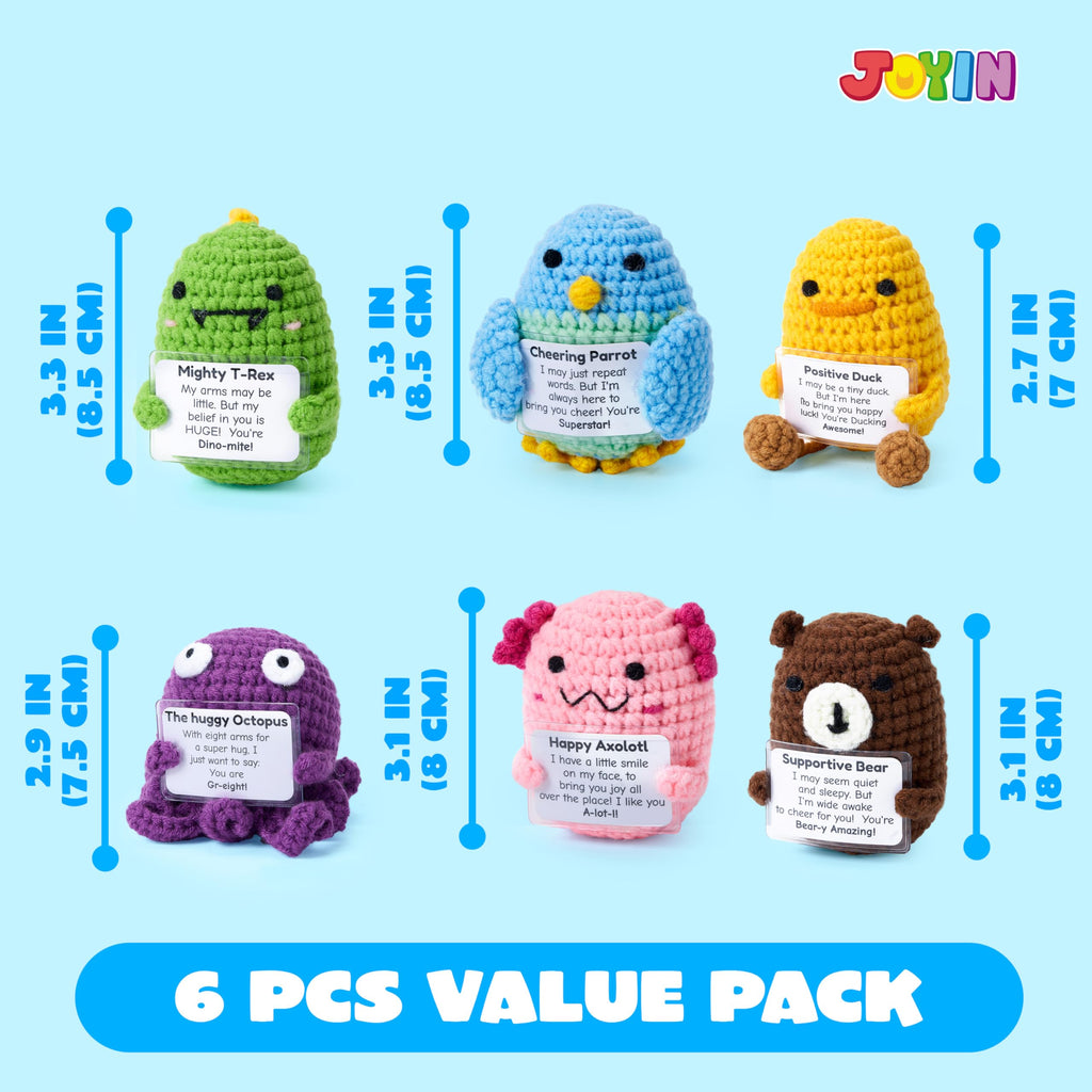 JOYIN 6 Pcs Crochet Positive Animals with Positive Messages, Emotional Support Stuffed Animal Bulk, Cute Crochet Plushies for Graduation Gift, Employee Appreciation, Anxiety Relief & Mental Health