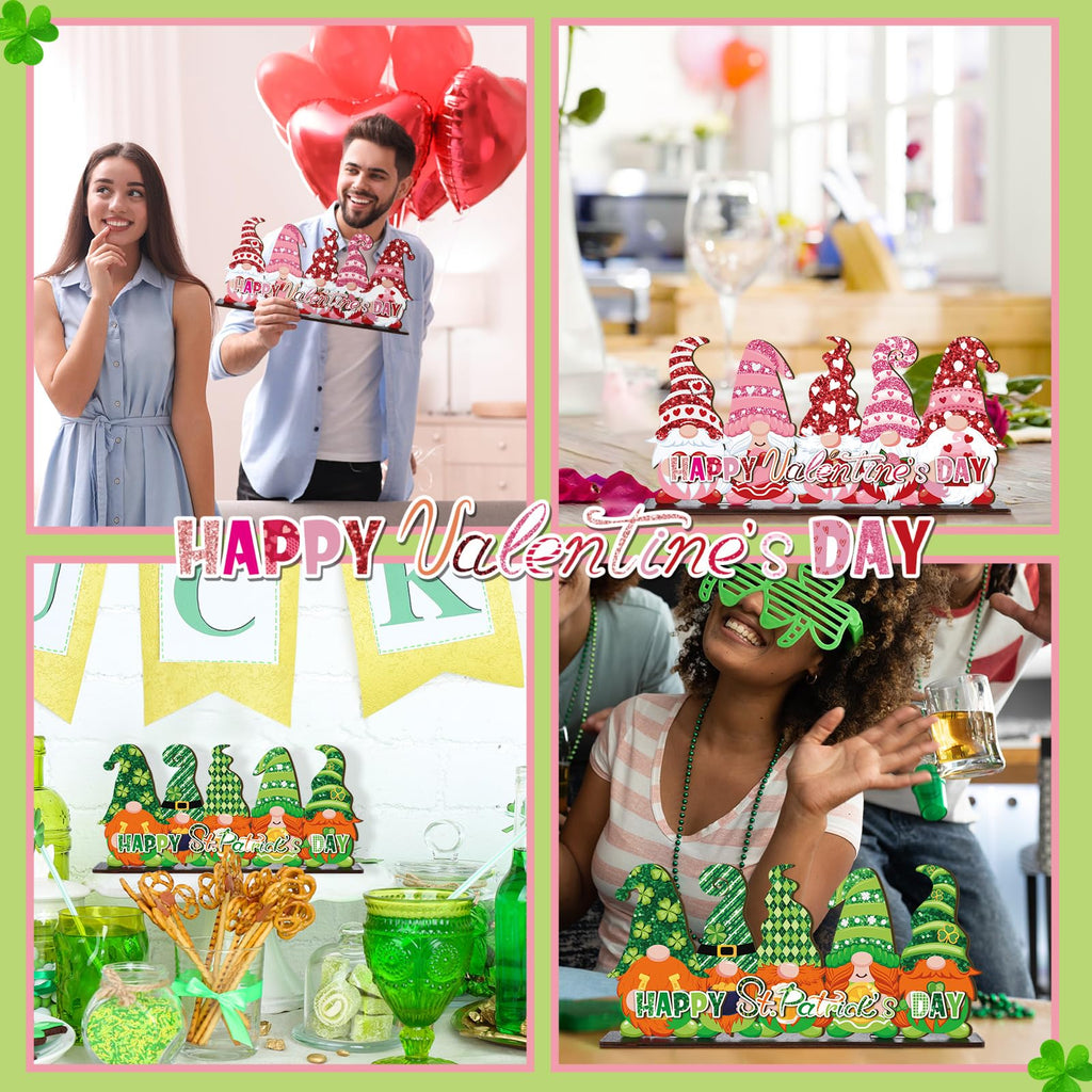 Valentine's Day and St. Patrick's Day Reversible Gnome Wood Signs Double Sided Valentines St. Patrick's Theme Wooden Standing Blocks Decoration Gnome Table Centerpiece for Home(Classic)
