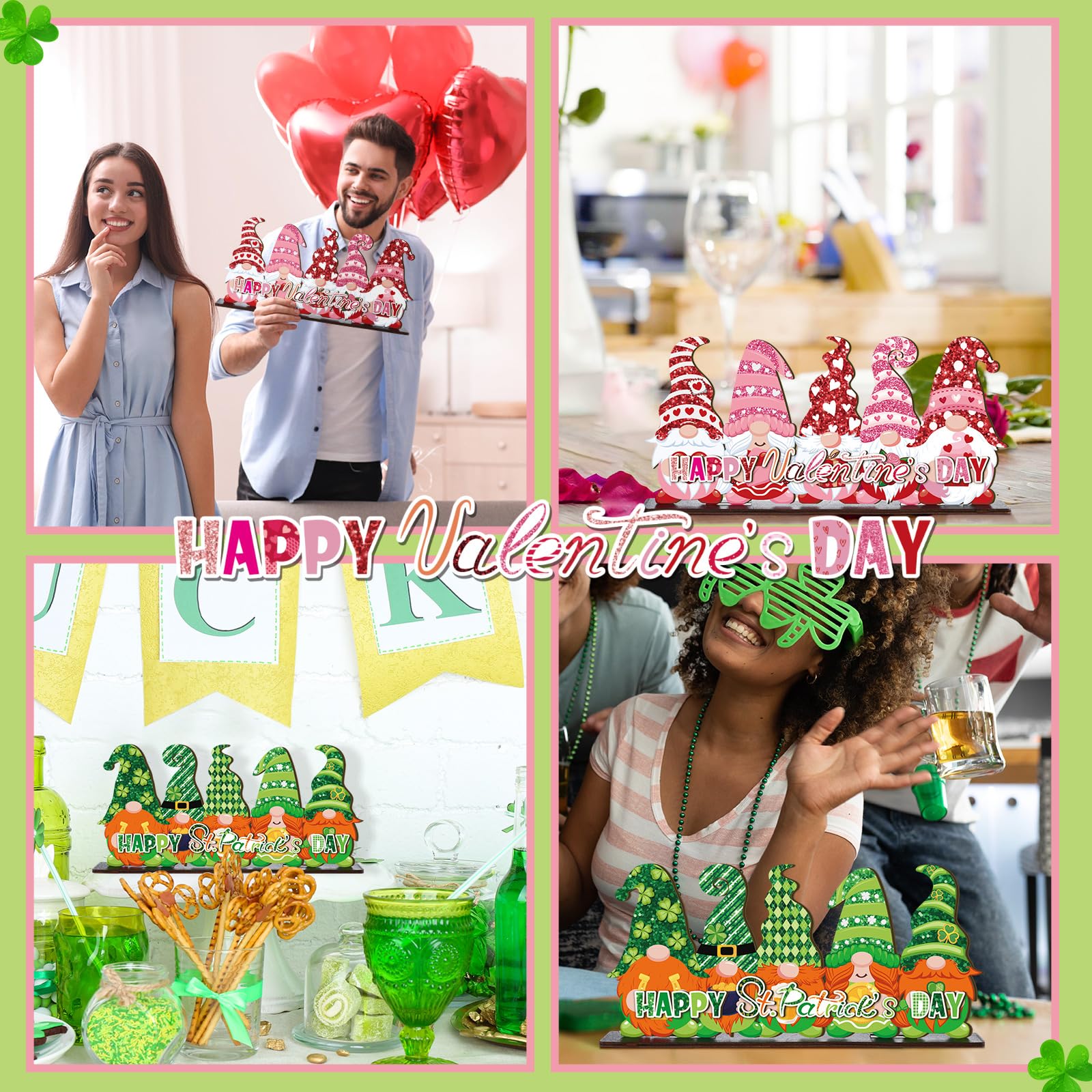 Valentine's Day and St. Patrick's Day Reversible Gnome Wood Signs Double Sided Valentines St. Patrick's Theme Wooden Standing Blocks Decoration Gnome Table Centerpiece for Home(Classic)