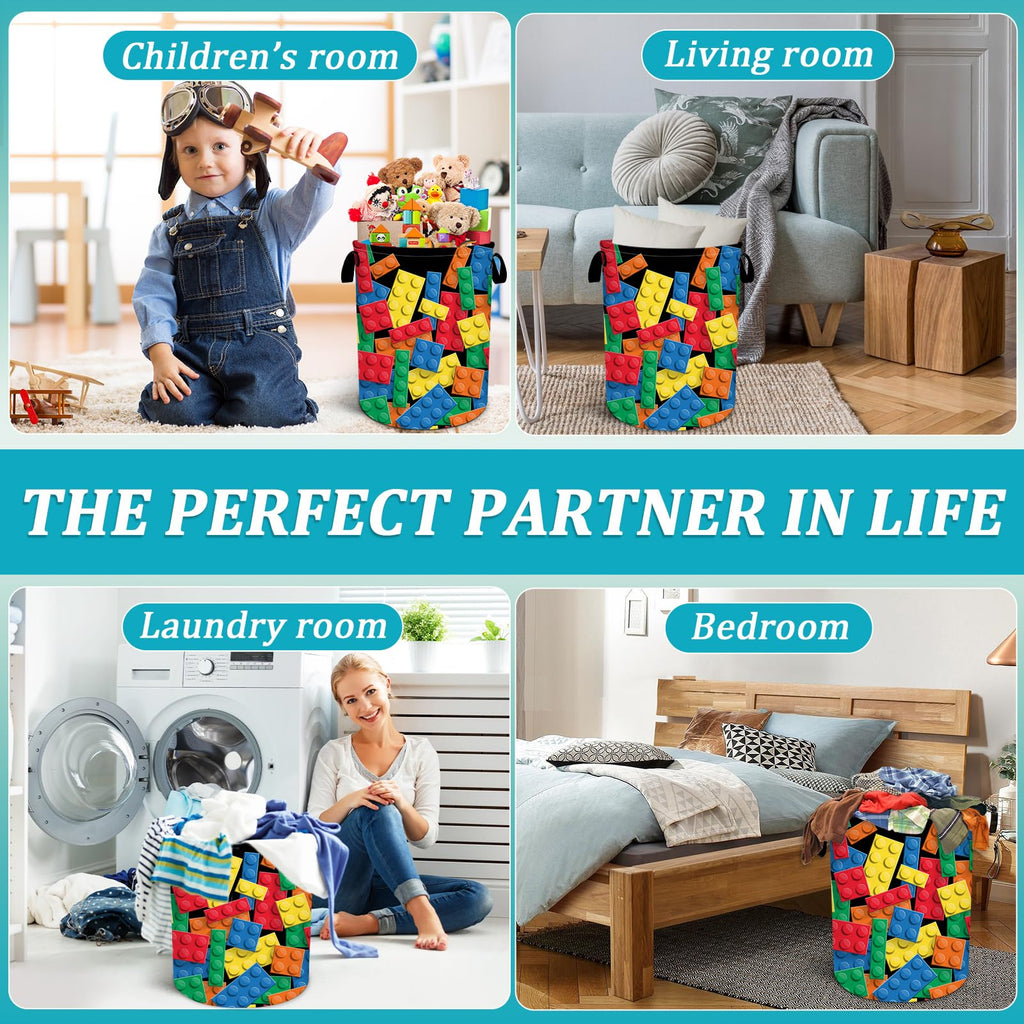 Colorful Building Blocks Laundry Basket, Funny Bricks Laundry Hamper Foldable Waterproof Tote Bag Dirty Clothes Storage Bucket Toy Organizer for Bathroom/Laundry/Bedroom 15.7"x19.6"