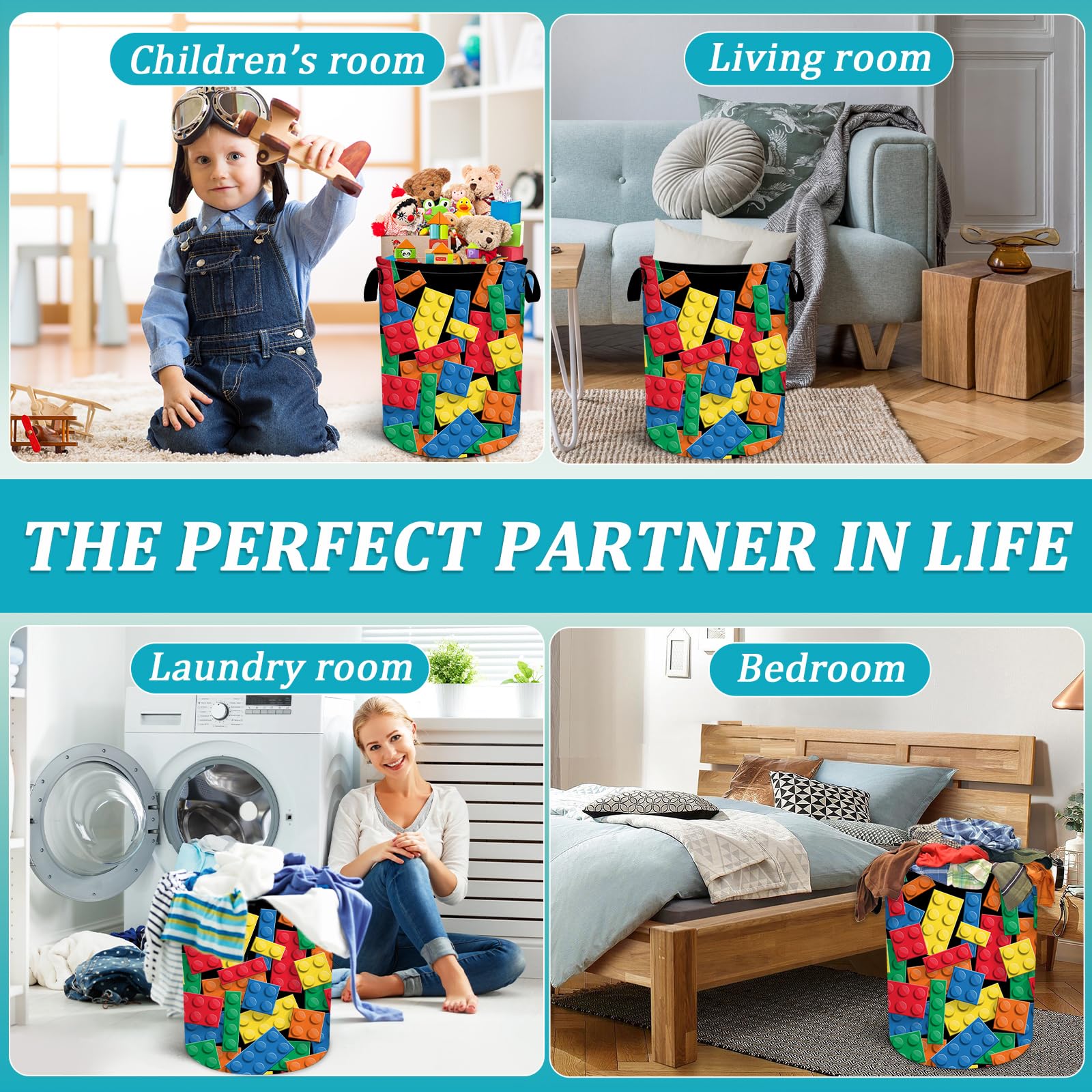 Colorful Building Blocks Laundry Basket, Funny Bricks Laundry Hamper Foldable Waterproof Tote Bag Dirty Clothes Storage Bucket Toy Organizer for Bathroom/Laundry/Bedroom 15.7"x19.6"