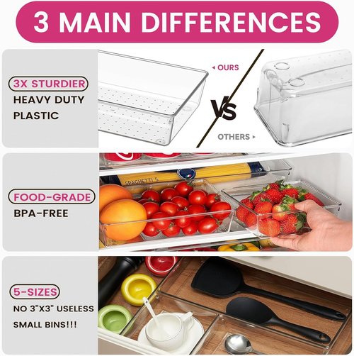 Criusia Large Drawer Organizer Bins - 26 Pack Clear Plastic Kitchen & Bathroom Organizers | Versatile Utensil & Makeup Storage