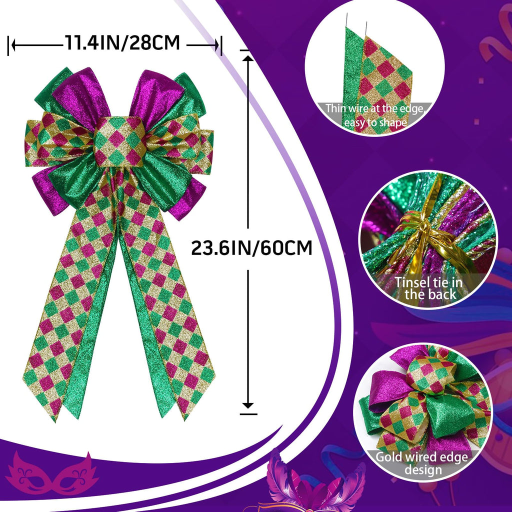 2 Pcs Mardi Gras Bows for Wreaths Decorations,12”x20” Large Glitter Tree Topper Bow Decor for Holiday Party Wall Home Front Door Float Golf Cart Gold Green Purple
