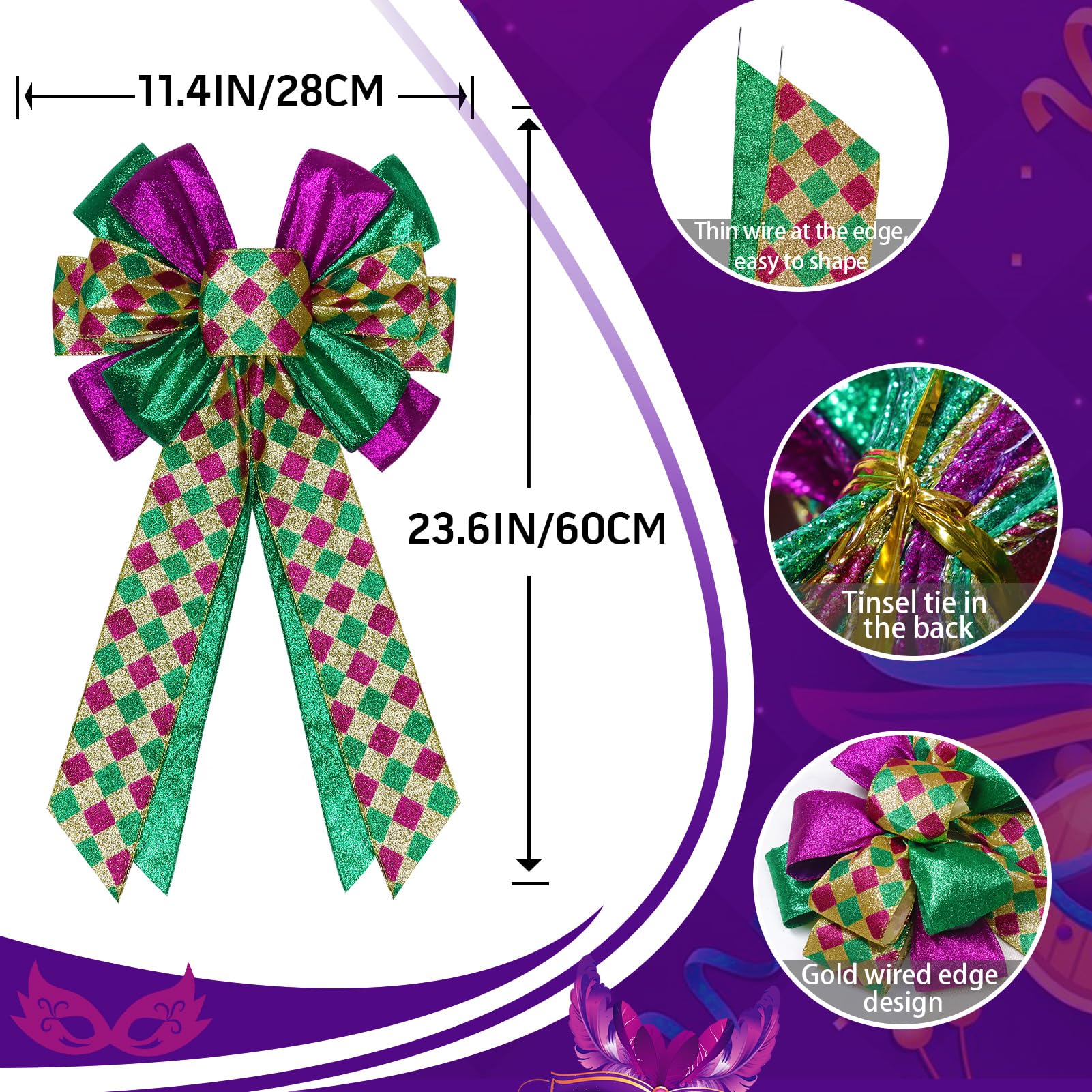 2 Pcs Mardi Gras Bows for Wreaths Decorations,12”x20” Large Glitter Tree Topper Bow Decor for Holiday Party Wall Home Front Door Float Golf Cart Gold Green Purple