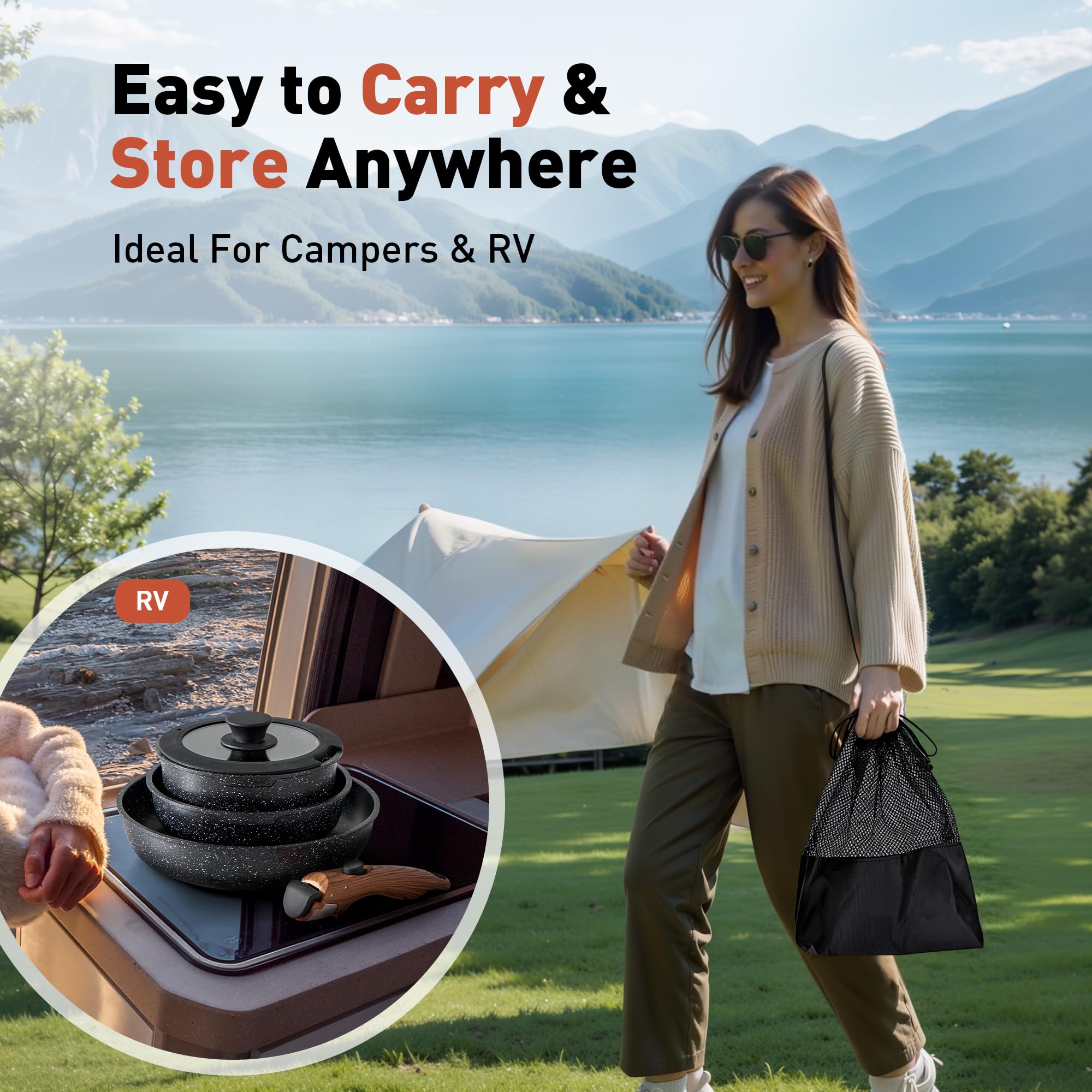 10 Pcs Pots and Pans Set Non Stick, Nonstick Kitchen Cookware Sets Detachable Handle, Induction Pots and Pans Set with Removable Handle, RV Cookware for Camping, Oven Safe, PFOS, PFOA Free, Green