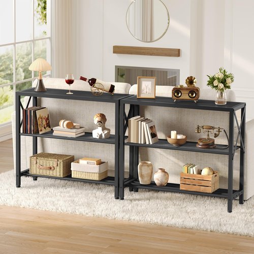 Hoctieon Industrial Console Table, 3-Tier Entryway Table, Metal Frame, Sofa Tables with Shelf, Hallway Desk, Entrance Desk for Entryway, Living Room, Foyer, Hallway, Black