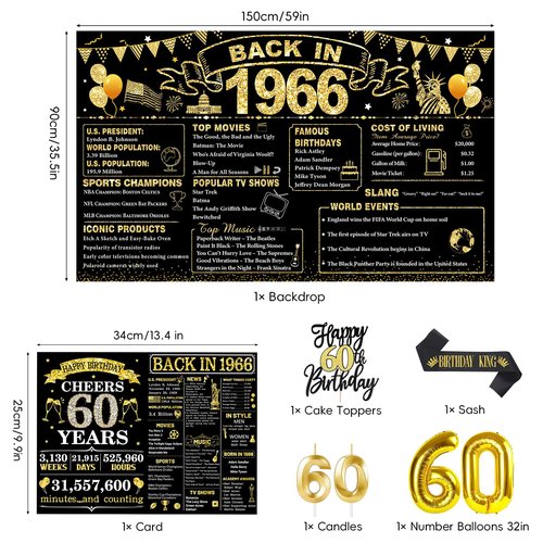 60th Birthday Decorations for Men, Black Gold Back in 1966 Party Supplies with Banner, Backdrop, Sash, Balloons, Cake Topper, Honeycomb Centerpieces, Happy 60th Birthday Decorations Kit