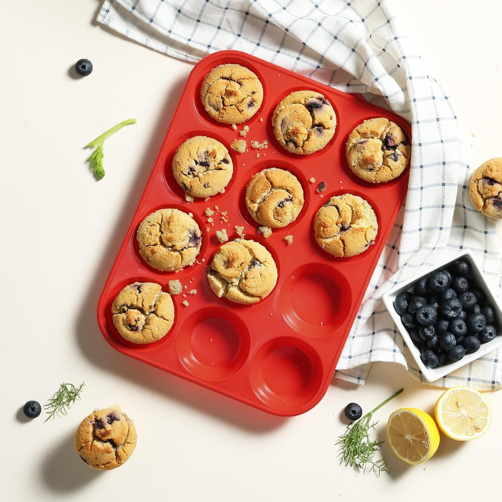 Skiennix Silicone Muffin Pan - 12-Cup Nonstick Baking Molds with Metal Reinforced Frame | Regular Size