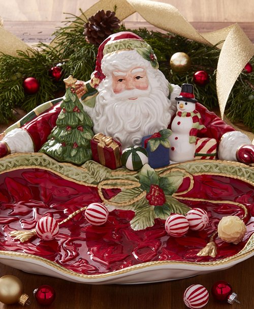 Fitz and Floyd Holiday Home Santa Figural Serving Bowl, 13.5 inch, Red