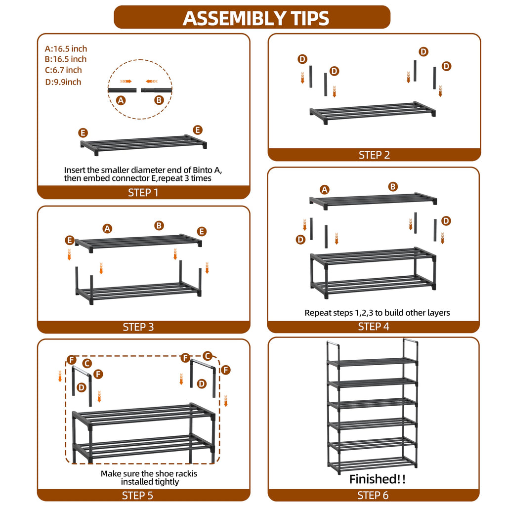 Saincustom 6 Tier Shoe Rack, Shoe Rack for Closet, Shoe Organizer for Entryway, Shoe Storage for Front Door Entrance & Entryway, Large Shoe Stand Holder Adjustable Shelf Height
