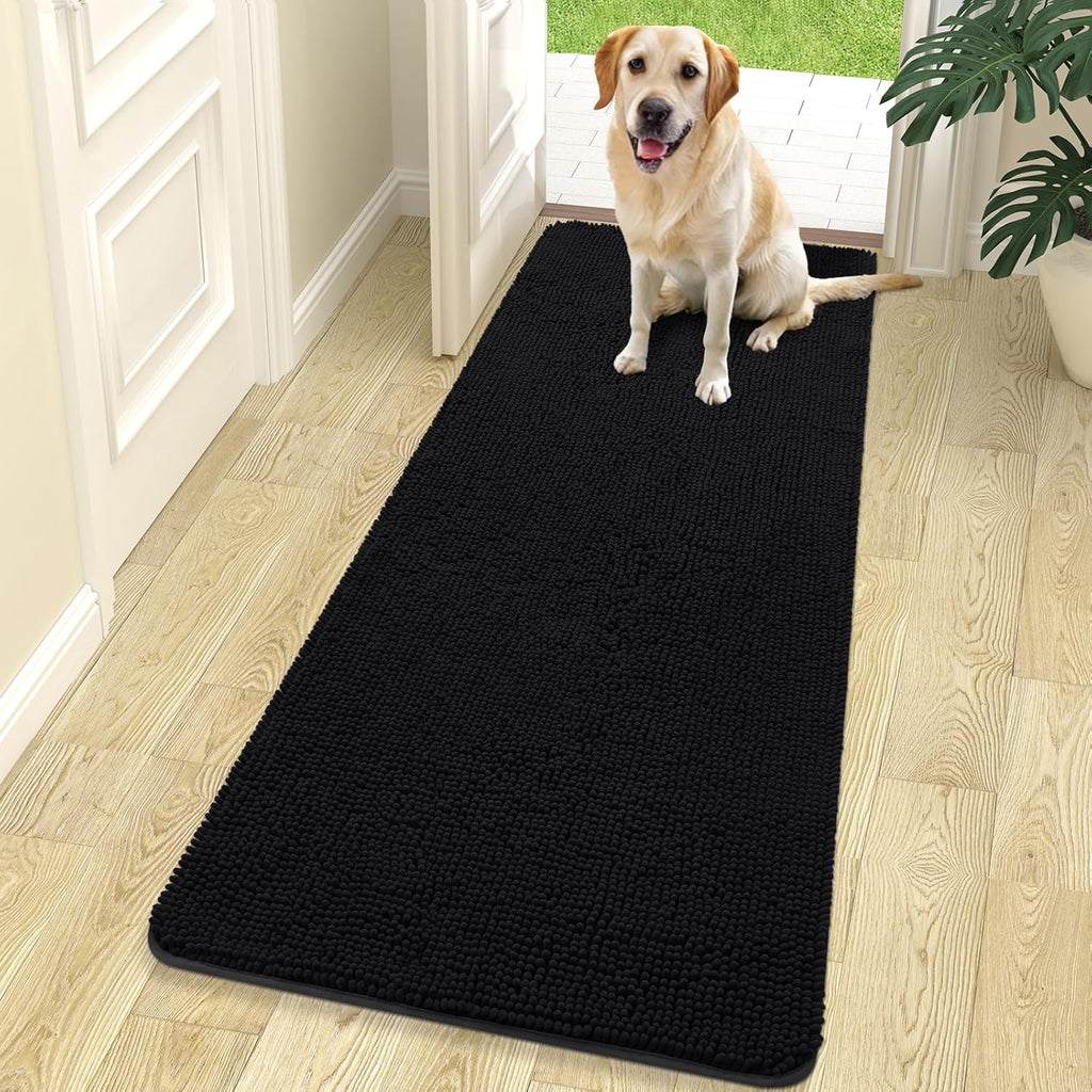 OLANLY Dog Door Mat - Absorbent Non-Slip Chenille Mat for Muddy Paws | 70x24 Inches, Quick Dry, Black