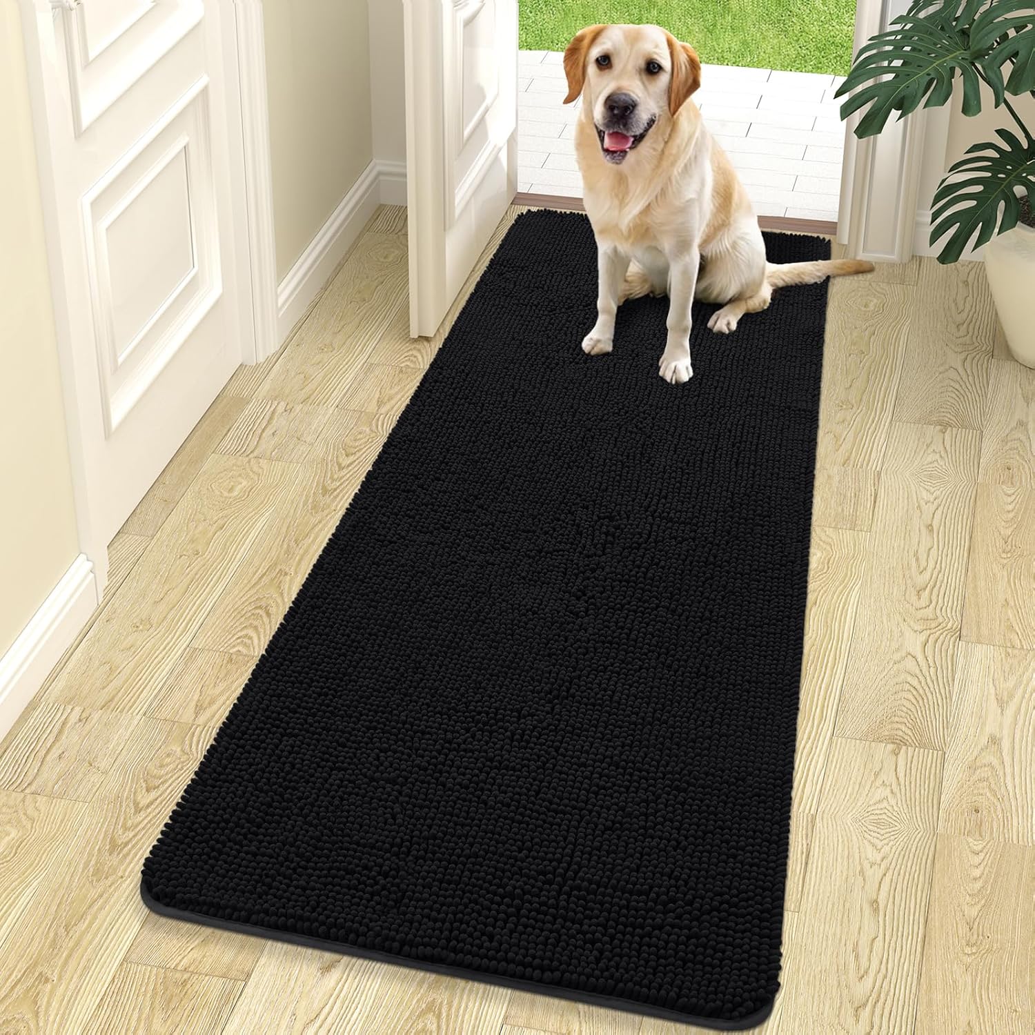 OLANLY Dog Door Mat - Absorbent Non-Slip Chenille Mat for Muddy Paws | 70x24 Inches, Quick Dry, Black