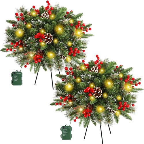 Juegoal Pre-Lit Christmas Tree Urn Filler - Lighted Artificial Pine Trees with 8 Modes & Timer, Battery Powered