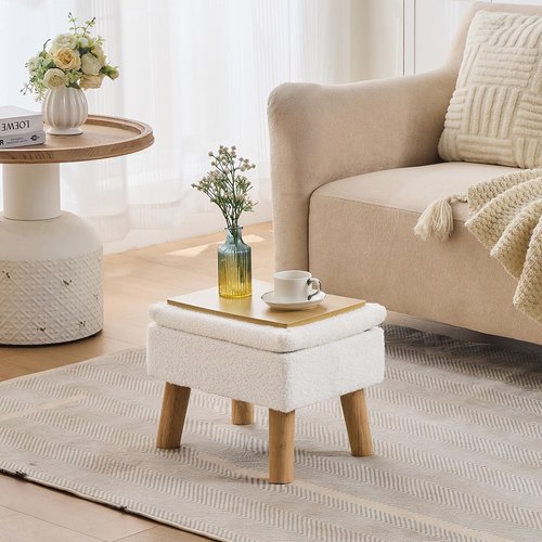 FIMIVIBI Storage Ottoman, Small Foot Stool Ottoman with Storage, Teddy Velvet Foot Rest with Wood Legs, Footstool for Living Room, Bedroom, Entryway, White